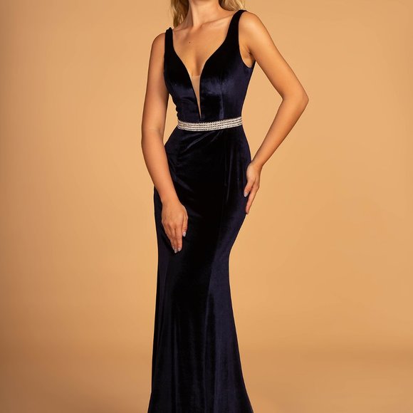 Illusion V-Neck Velvet Prom Dress GSGL2559 - Picture 1 of 9